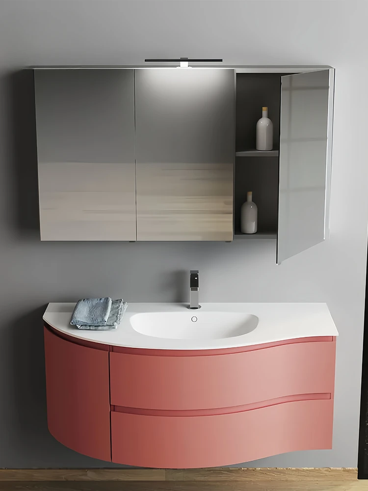 White thin-edged hand washing basin washstand red painted bathroom cabinet