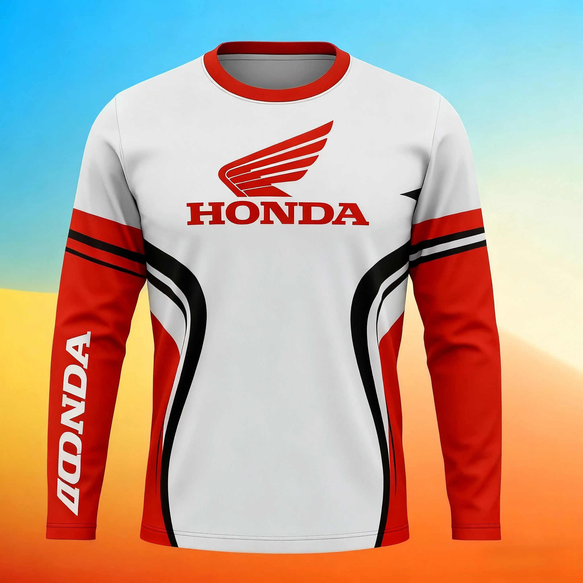 تي شيرت Honda مطبوع برقبة دائرية وأكمام طويلة، ودراجة نارية للطرق الوعرة في الهواء الطلق ودراجة جبلية للرياضات المتطرفة