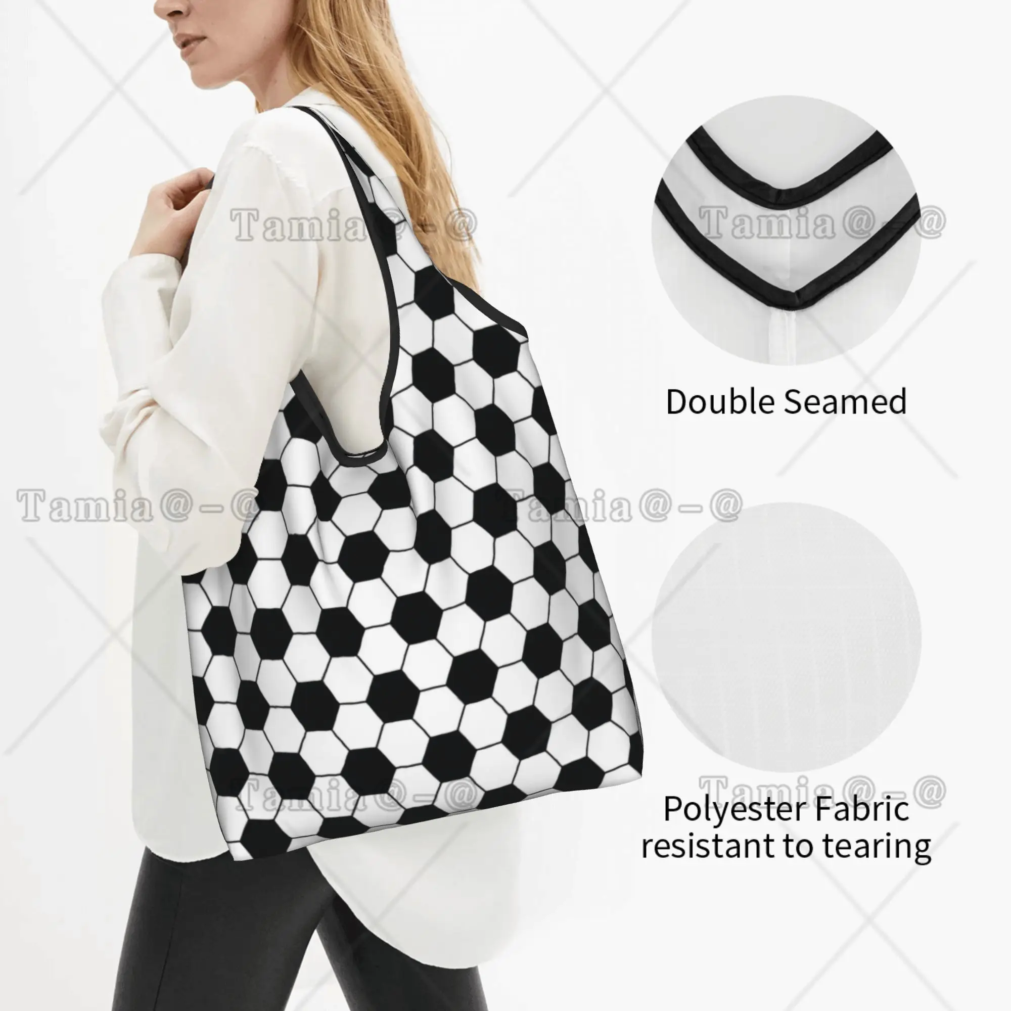 Reusable Soccerly Checkered Plaid Footbally  Shopping Bag Women Tote Bag Portable  Grocery Shopper Bags