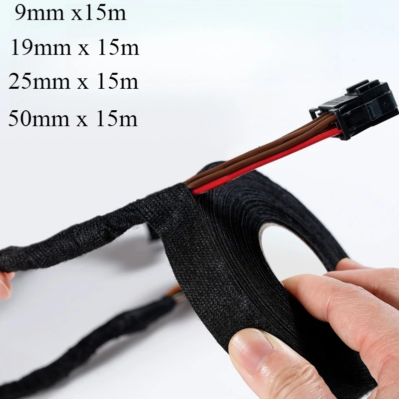 

Black Color 1Roll Width 9/19/25MM Length 15M Wiring Harness Tape Strong Adhesive Cloth Fabric Flame Retardant Tape For Looms Car