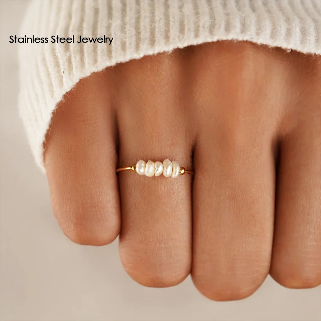 Stainless Steel Waterproof Gold Freshwater Pearl Rings for Women Elegant Minimalist Cultured Pearl Beaded Finger Ring Jewelry