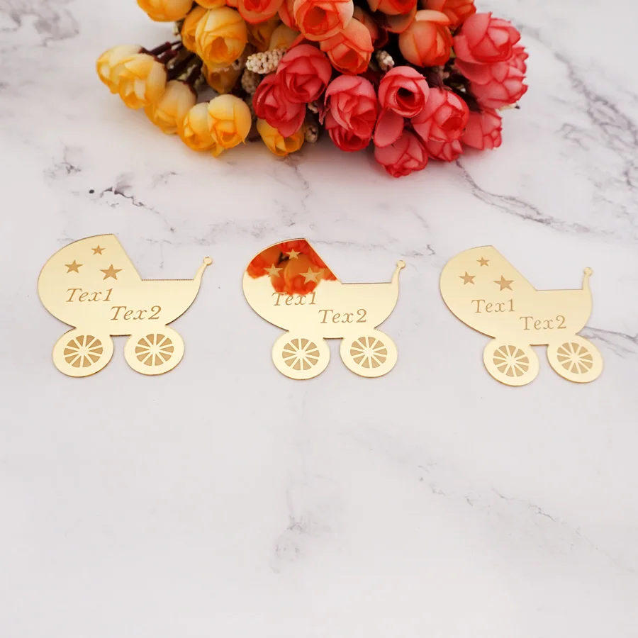 6x6cm Personalized Baby Carriage Mirror Acrylic Sticker Custom Name Party Decor Favors Invitation Card Party Guest Gifts