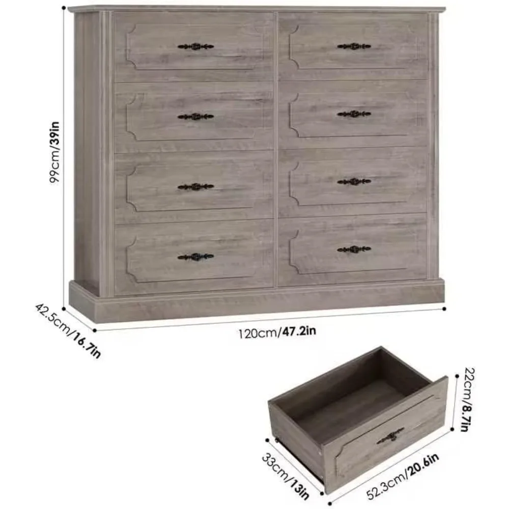 Grey Dresser Chest of Drawers, 47.2” Farmhouse Dresser Wood Dresser 8 Drawer Dresser with Steel Handles, Modern Dresser