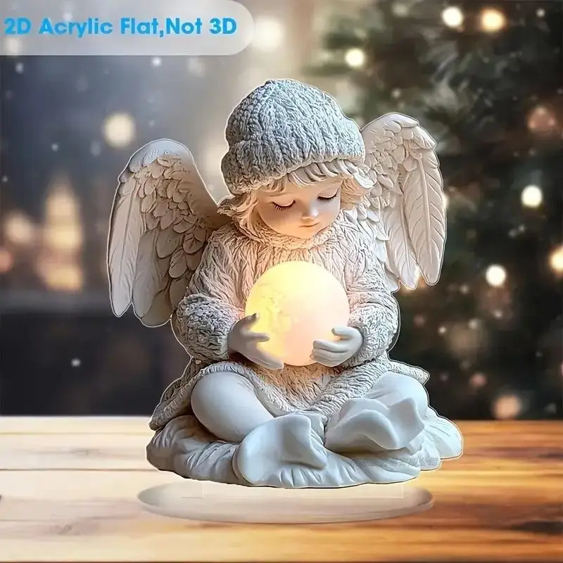 Acrylic Praying Angel Stand With: Warm LED Lights Floral Decor Home Desktop Ornament Memorial Gift