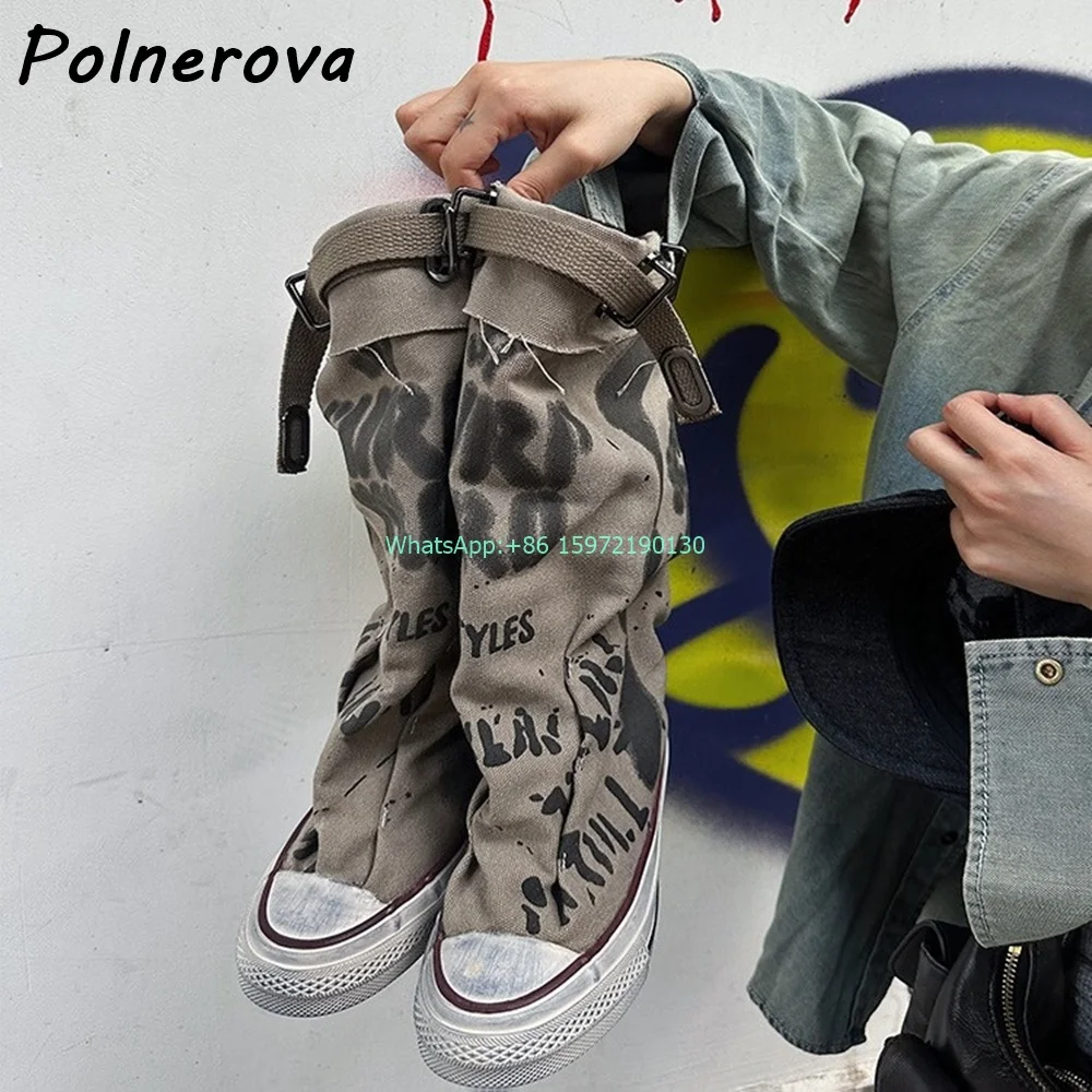 Canvas Graffiti Knee High Boots Pound Toe Flat with Retro Mixed Color Shoes Leisure Buckle Comfortable High Top Board Shoes