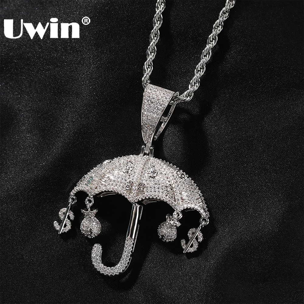 

UWIN Iced Out Bling CZ Umbrella Pendant Necklace Silver Color Cubic Zirconia Money Bag Charms Men Hip Hop Fashion Jewelry