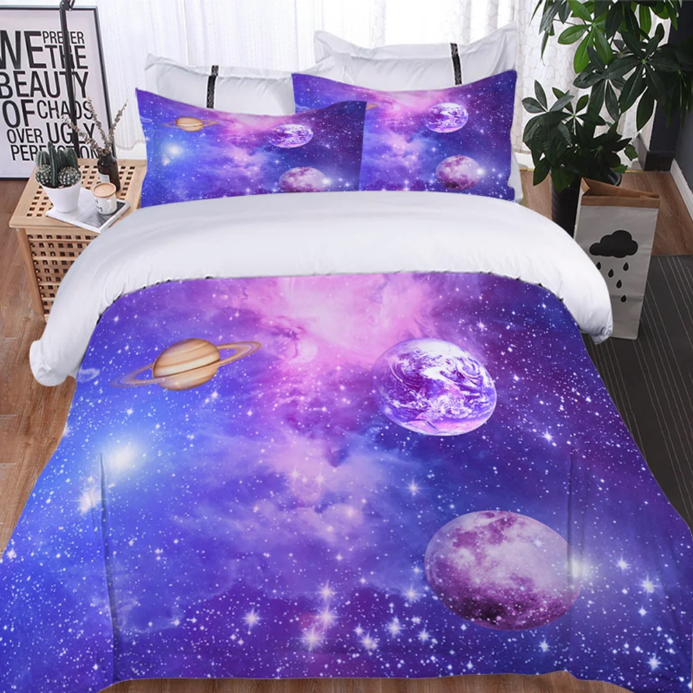 Bedding suit Galaxy Star Star Moon Planet 3D Color Printing Purple Blue Duvet Cover Pillowcase 3 Piece Set Bed Sheet