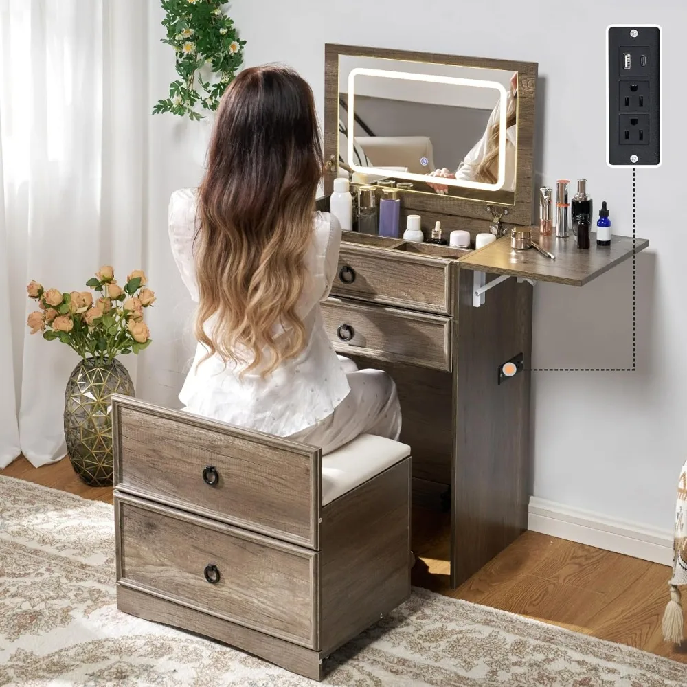 

3-in-1 Makeup Table with Sliding Stool, Divided Storage and Power Points, Farmhouse Makeup Table with Adjustable LED Light