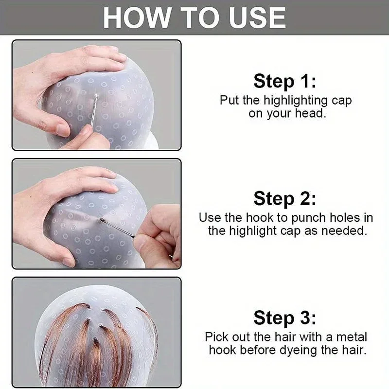 Silicone Hair Highlight Coloring Cap with Hook Needle, Professional Frosting Hair Dyeing Hat Salon Barber Hair Styling Dye Tools