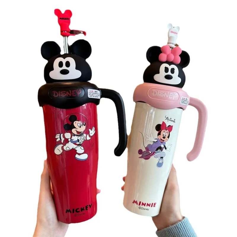 Kawaii Disney Vacuum Cup 850ml Cartoon Anime Mickey Strawberry Bear Sippy Thermos Bottle Stainless Steel Portable Thermos Cup