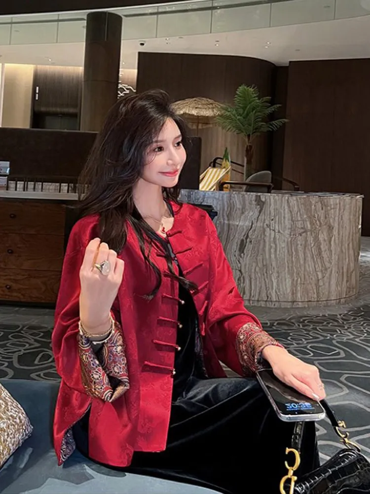 

New Chinese Style Women's Jacket Long Sleeve Embroidered Red Top Large Size Button up Spring Autumn High End Feelings