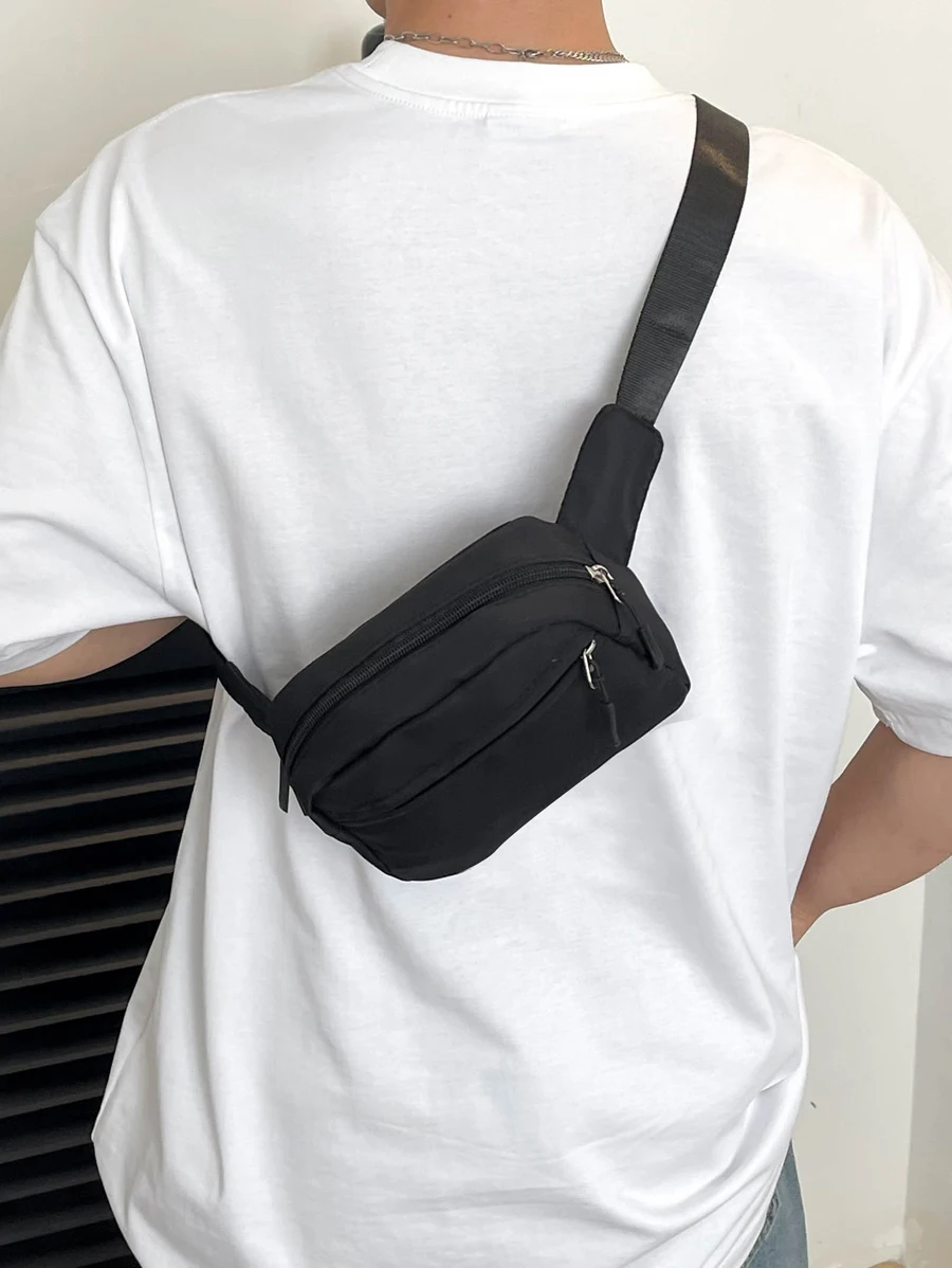 

Black Compact Crossbody Waist Bag with Adjustable Strap and Zippered Pockets