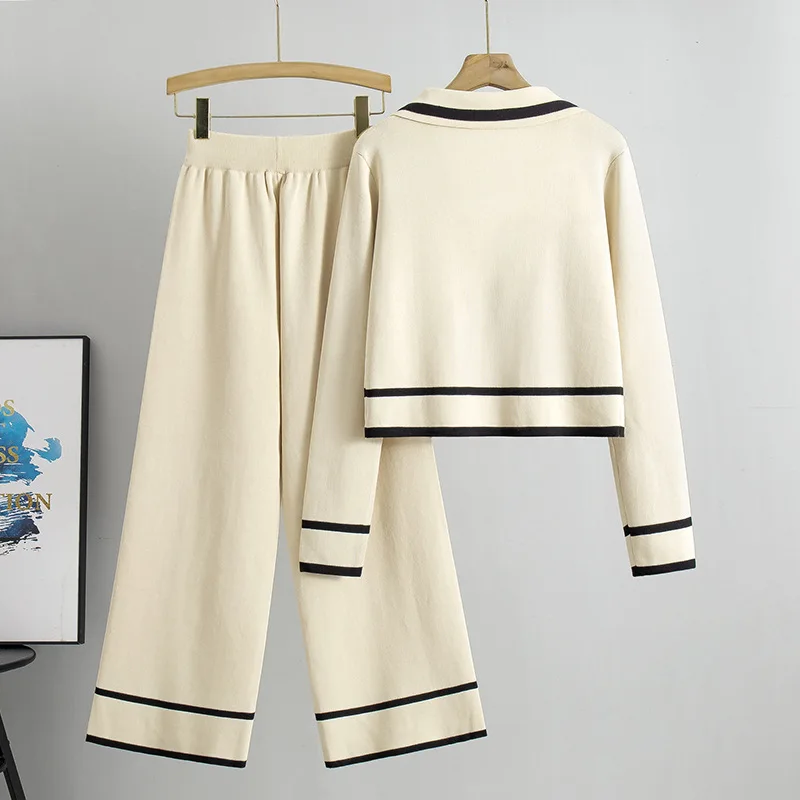 Spring New Elegant Knitted Wide-legged Pants Suit  Women Girls Slimming Two-piece Short Cardigan Fashion Casual Suit Women