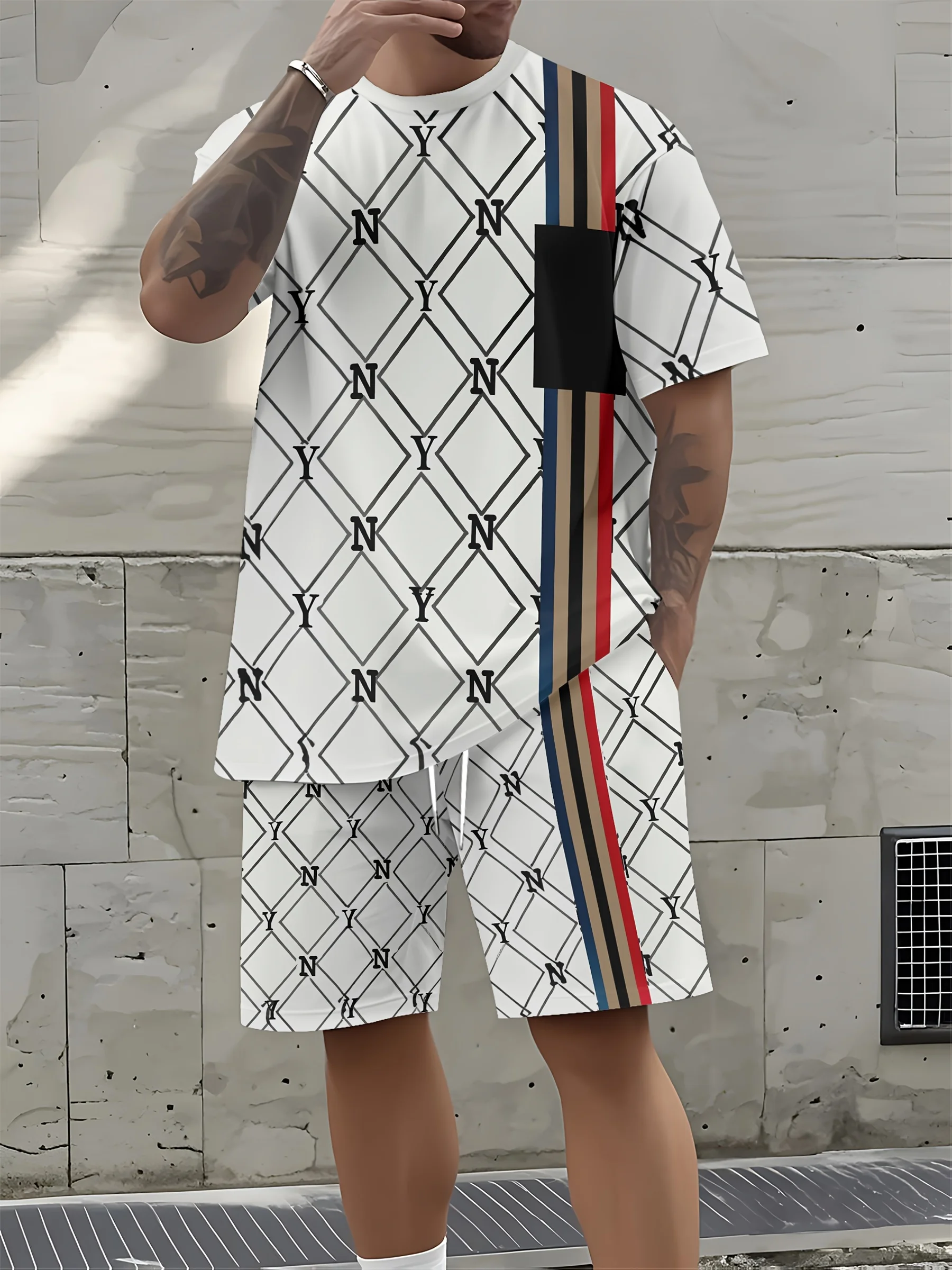 

Latest Summer Color-blocking Striped 3D Printed Casual Set - Breathable Polyester Short-sleeved T-shirt and Shorts mens clothes