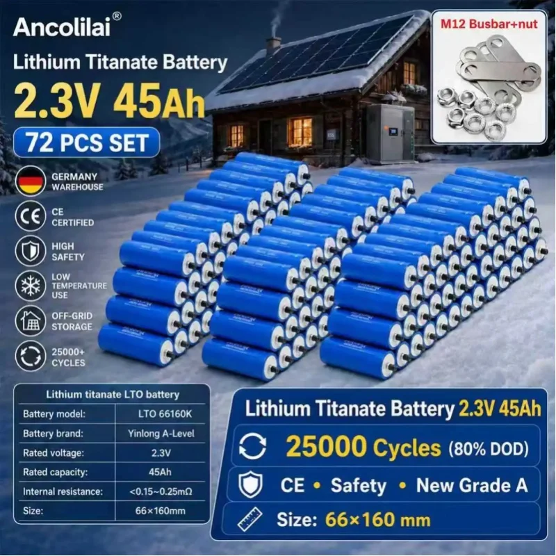 2,3V 45Ah LTO-Batterie Lithium-Titanat-Zelle Yinlong 66160K Hochsichere Langlebige Batterie für Solarspeicher- und EV-Stromsysteme, Lager in Deutschland