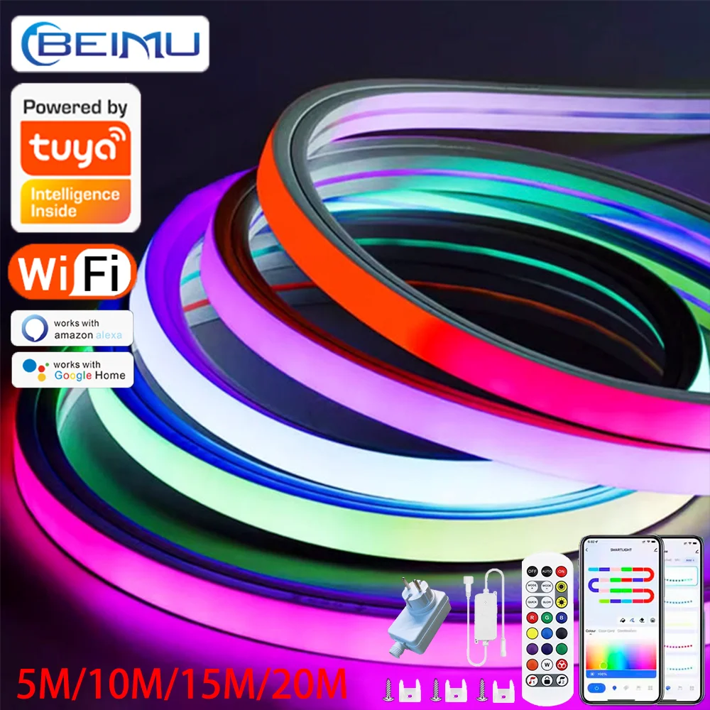 BEIMU 20M WIFI Neon Strip Lights RGBIC Waterproof Color Changing Rope Support TUYA Smart Life Alexa For Home Room Decoration