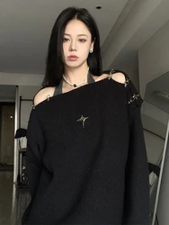 Y2K Oversized Sweater Women Korean Fashion Sexy Off Shoulder Pullovers Female Autumn Winter Casual Loose Metal Design Jumpers