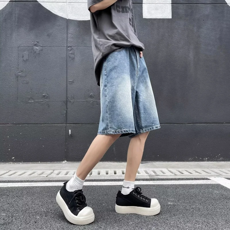 여름 데님 반바지 남성 얇은 중간 길이 캐주얼 작업복 반바지 루즈 스트레이트 레그 남성 워싱 7부 청바지