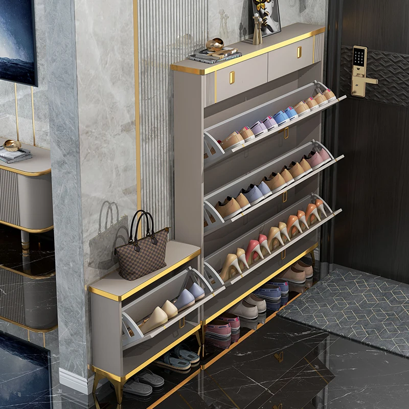Italian Style Flip Down Shoe Cabinet Ultra Thin with Built in Bench Space Saving Entryway Storage Modern Shoe Rack for Home Hall