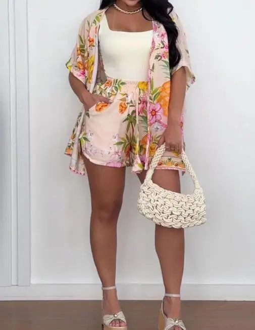 2 Pieces Outfit Open Front Side Slit Cardigan & Elastic Waist Tie Front Shorts Set Casual Floral & Pineapple Print Vacation Set