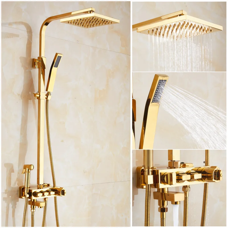 

European-style copper gold shower lifting constant temperature square shower bathroom hot and cold shower faucet bathroom set