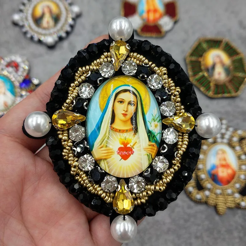 3D Handmade Rhinestone Mary motywy wyszywana kryształkami skrzydła anioła naszywki przyszyć na odzież krzyż torba z odznaką aplikacja dekoracji