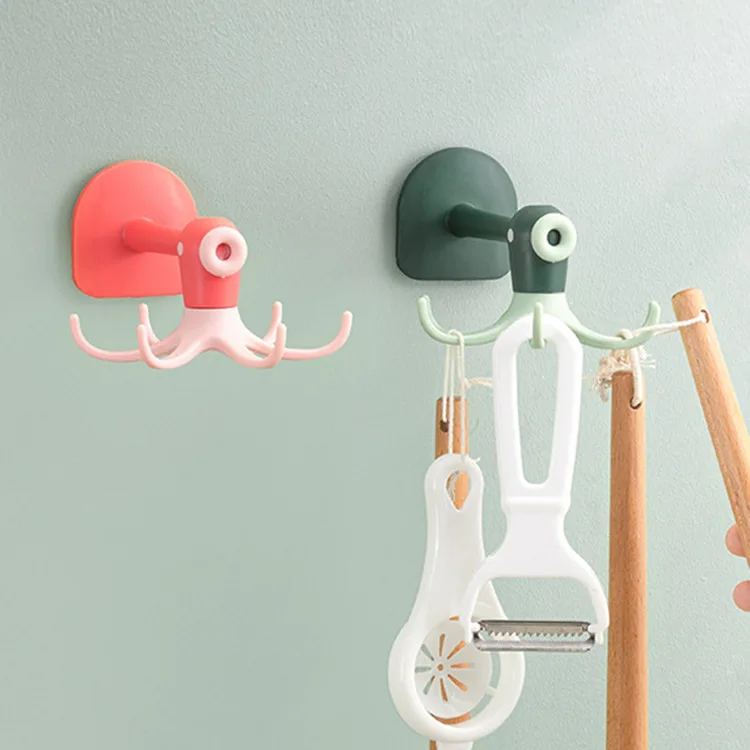 Kitchen storage 360-degree rotatable hook six-claw wall hanging free punching seamless cabinet hanger bathroom sticky hook