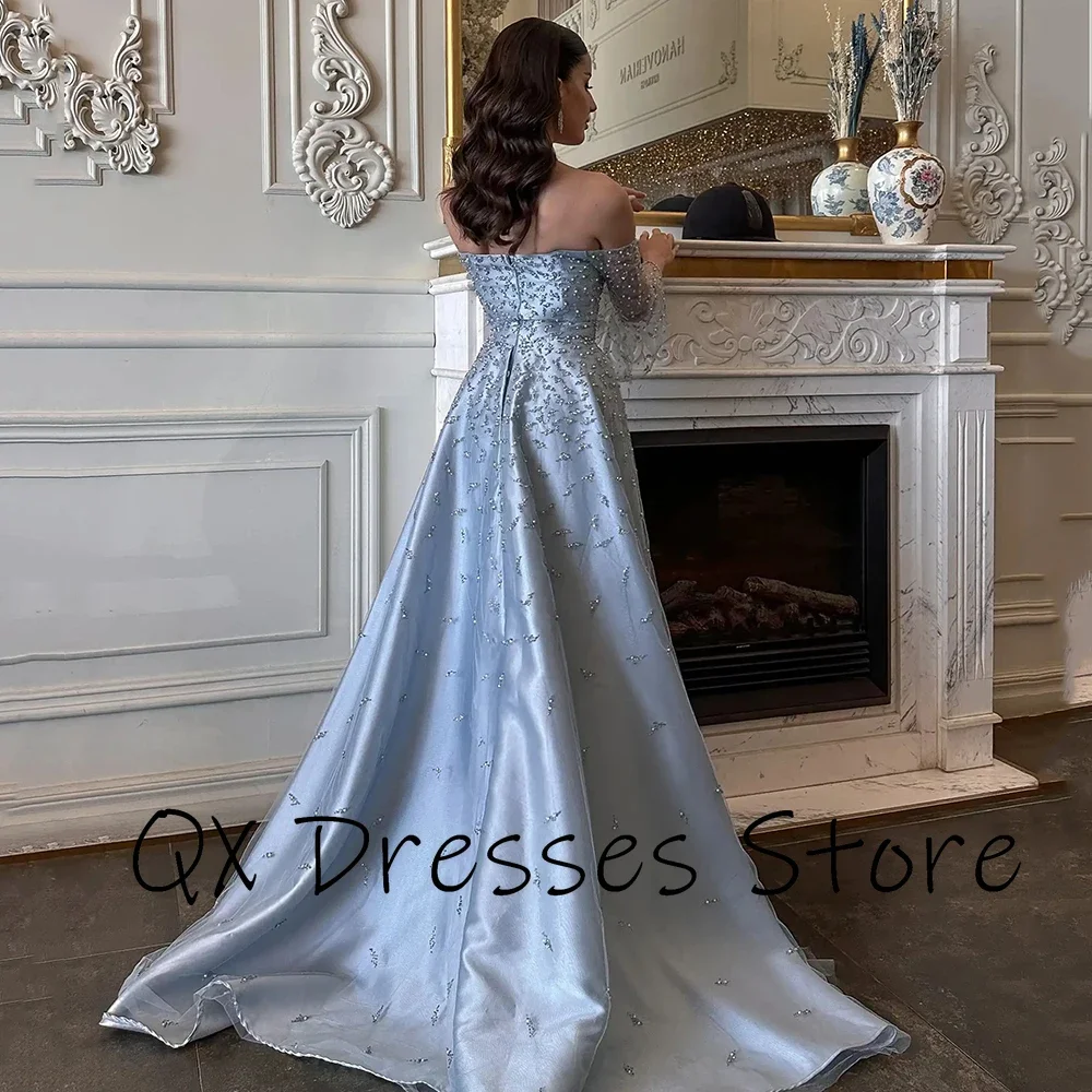 Customized Yipeisha Luxury Sky Blue Satin Strapless Evening Dresses With Watteau Train Beading Squnined Sheath Floor Length Gala