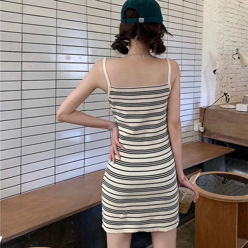 Knitted Spaghetti Strap Dress Women Striped Sexy Backless Fashion Slim Skirt Korean Sweet Pretty Style Summer Holiday Dress