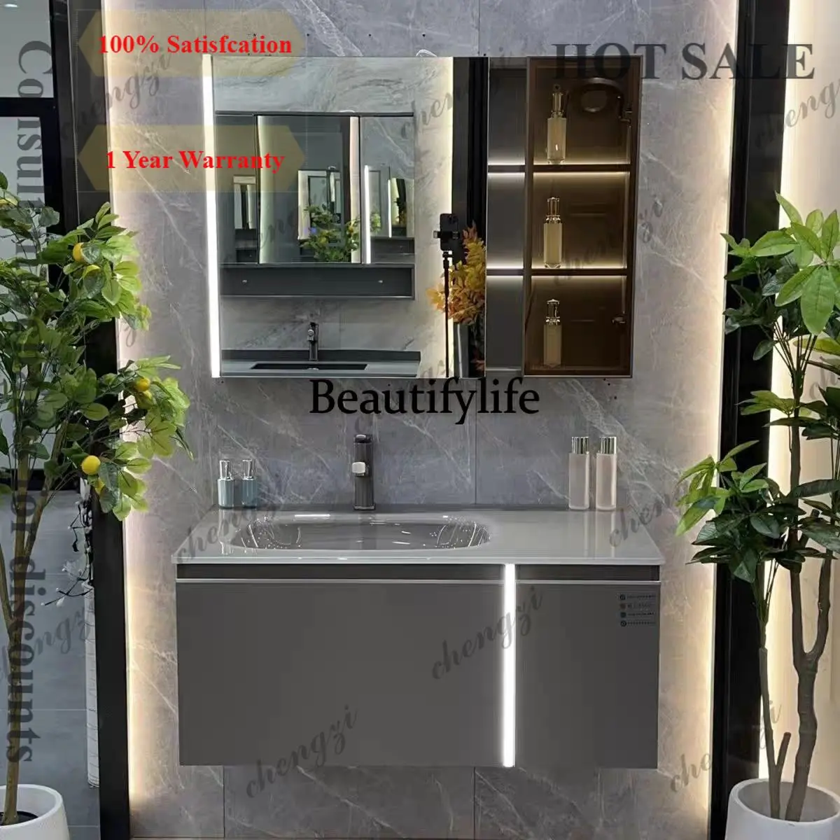 B567 Light luxury tempered glass integrated basin solid wood bathroom cabinet combined bathroom washstand