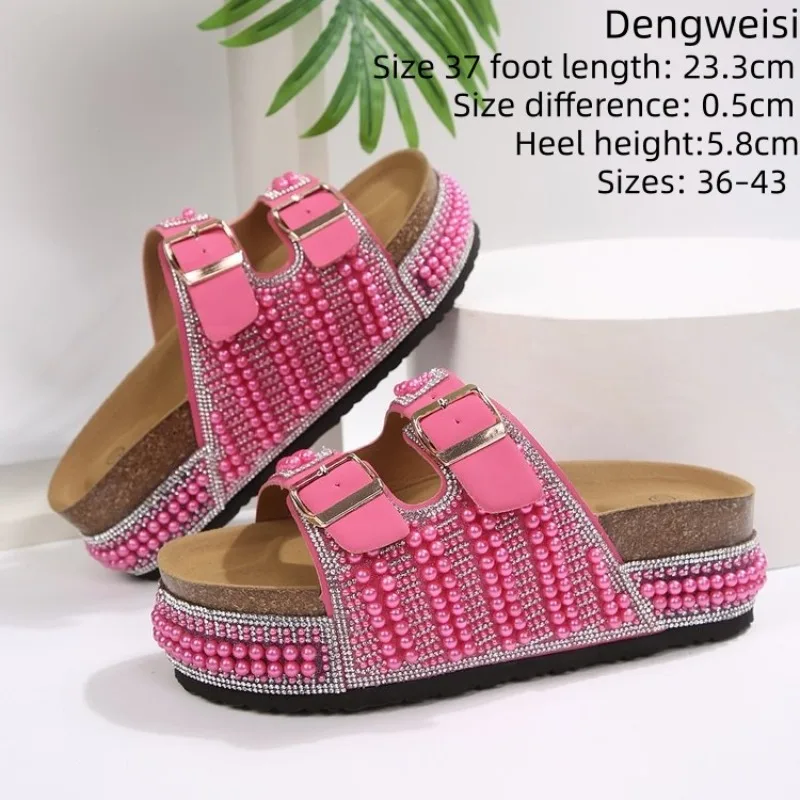 

Fashion Pink Beaded Platform Wedge Women's Sandals Rhinestone Double Buckle Beach Women's Slippers Bohemian Cork Woman's Shoes