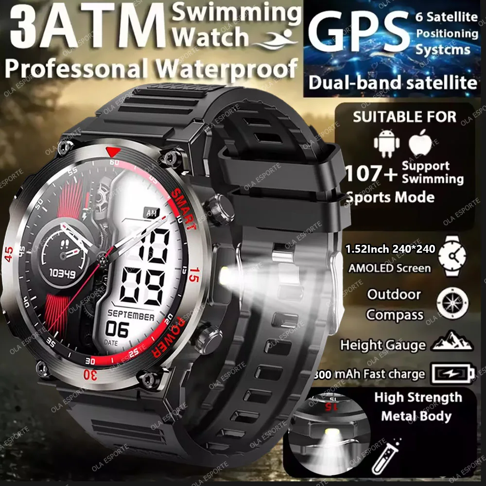 2025 novos homens esportes relógio inteligente gps amoled monitoramento de freqüência cardíaca lanterna led nfc bluetooth chamada 3atm à prova dwaterp