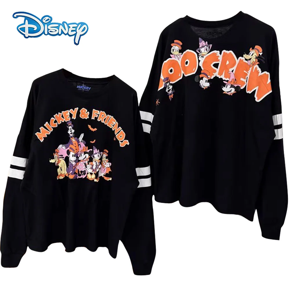 

Disney T-Shirt Letter Minnie Mouse Cartoon Print Fashion Women Long Sleeve Tee O-Neck Mickey Friends Black New Casual Top Cute