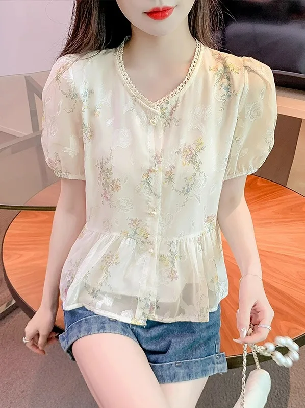 

Новая летняя женская блузка из шифона с цветочным принтом, коротким рукавом-фонариком, приталенная, в корейском стиле, для повседневной носки
