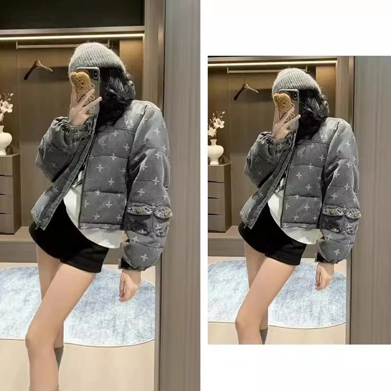 

Exjr Stylish Denim Grey High-End down Jacket Women's Winter New Stand Collar Printed Short White Duck Feather Outerwear