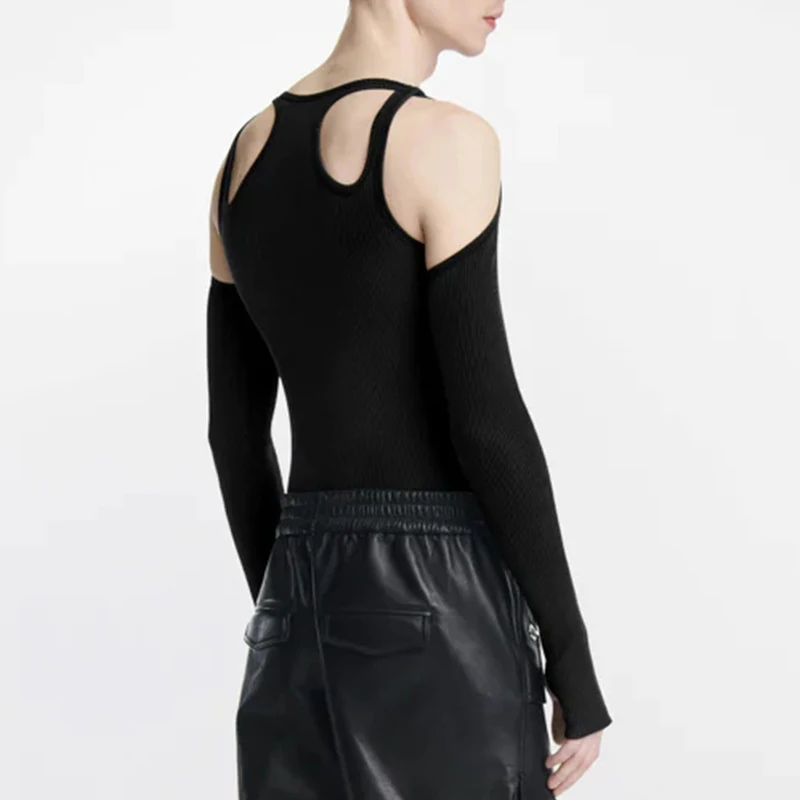 2026 men Cut Out Shoulder Top Long Sleeve Ribbed Knit Hollow Out Slim Fit Party Club Night Out Y2K Streetwear S-L Hot Sale