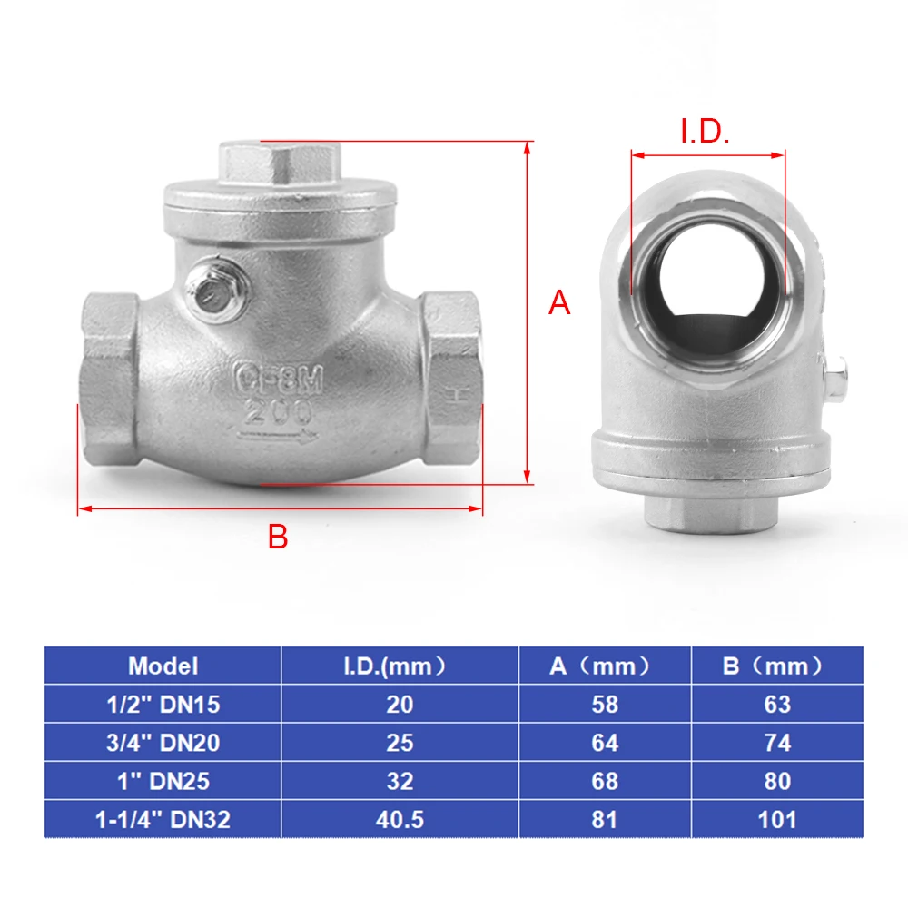 

Безвонные соединительные клапаны DN15 DN20 DN25 1/2 дюйма 3/4 дюйма 1 дюйм 1-1/4 дюйма из нержавеющей стали 304 горизонтальный обратный клапан с внутренней резьбой