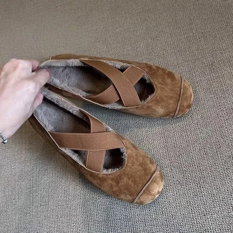 

New Fashion Shallow Ladies Flats Shoes with Fur Plush Footwear Casual Female Elastic Band Warm Women Ballet Flats Shoes，35-40