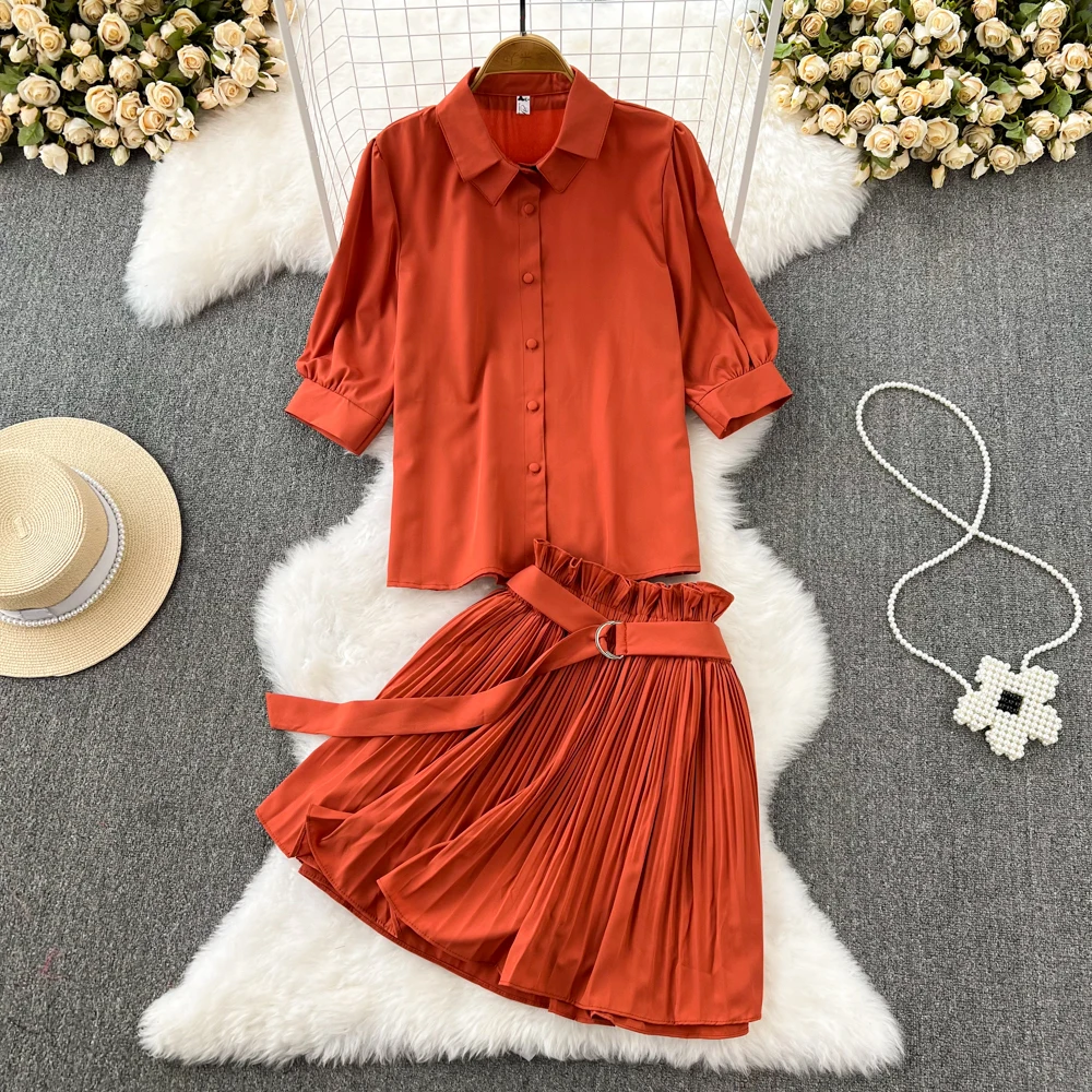 Fashion Set Women's Casual POLO Collar Single Breasted Three Quarter Sleeve Shirt Two-piece High Waisted Pleated Skirt Korean