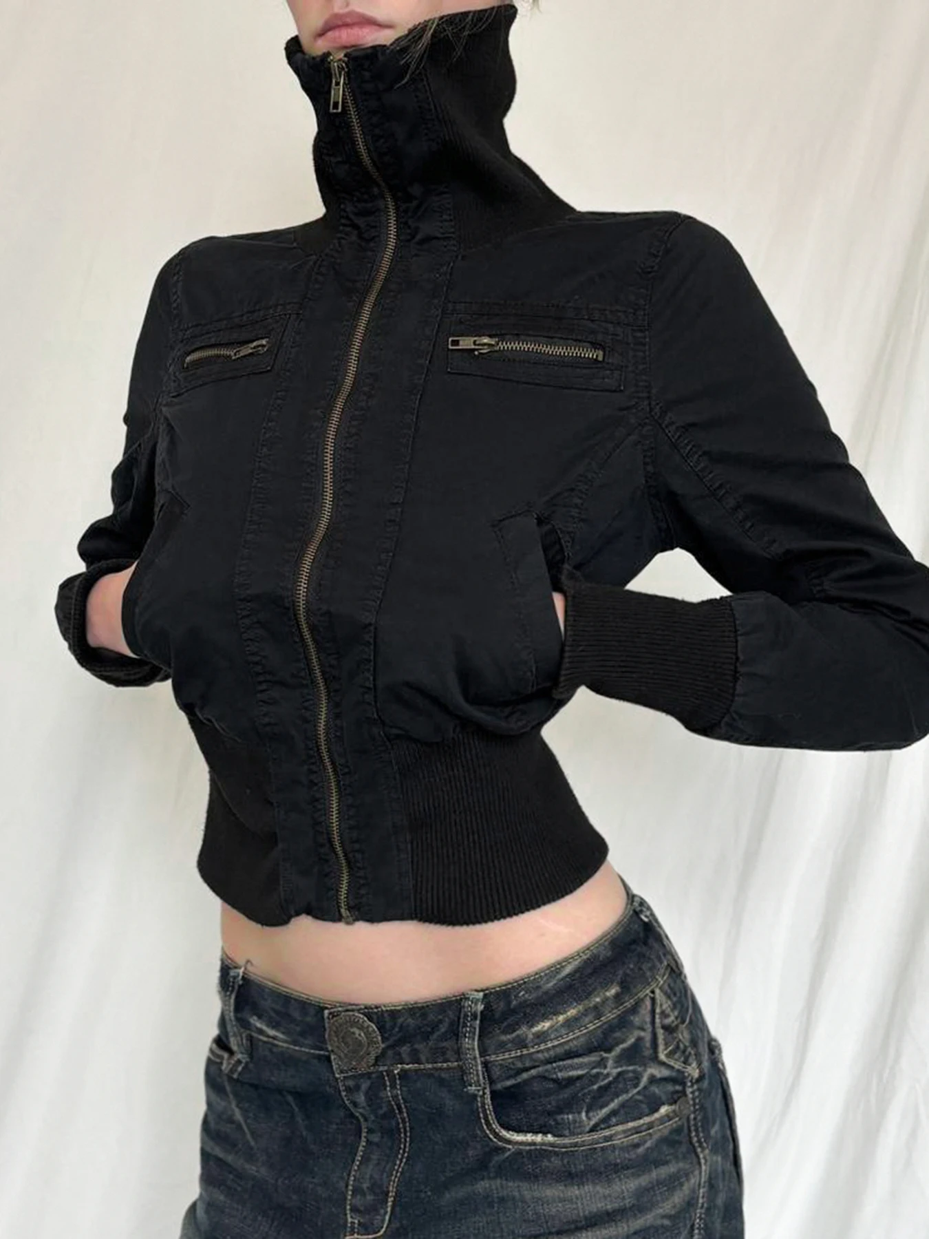 Rockmore Y2k Vintage Streetwear Medium-high Neckline Zipper Jacket Tops All Match Waist Slimming Woven Short Coats Korean Solid