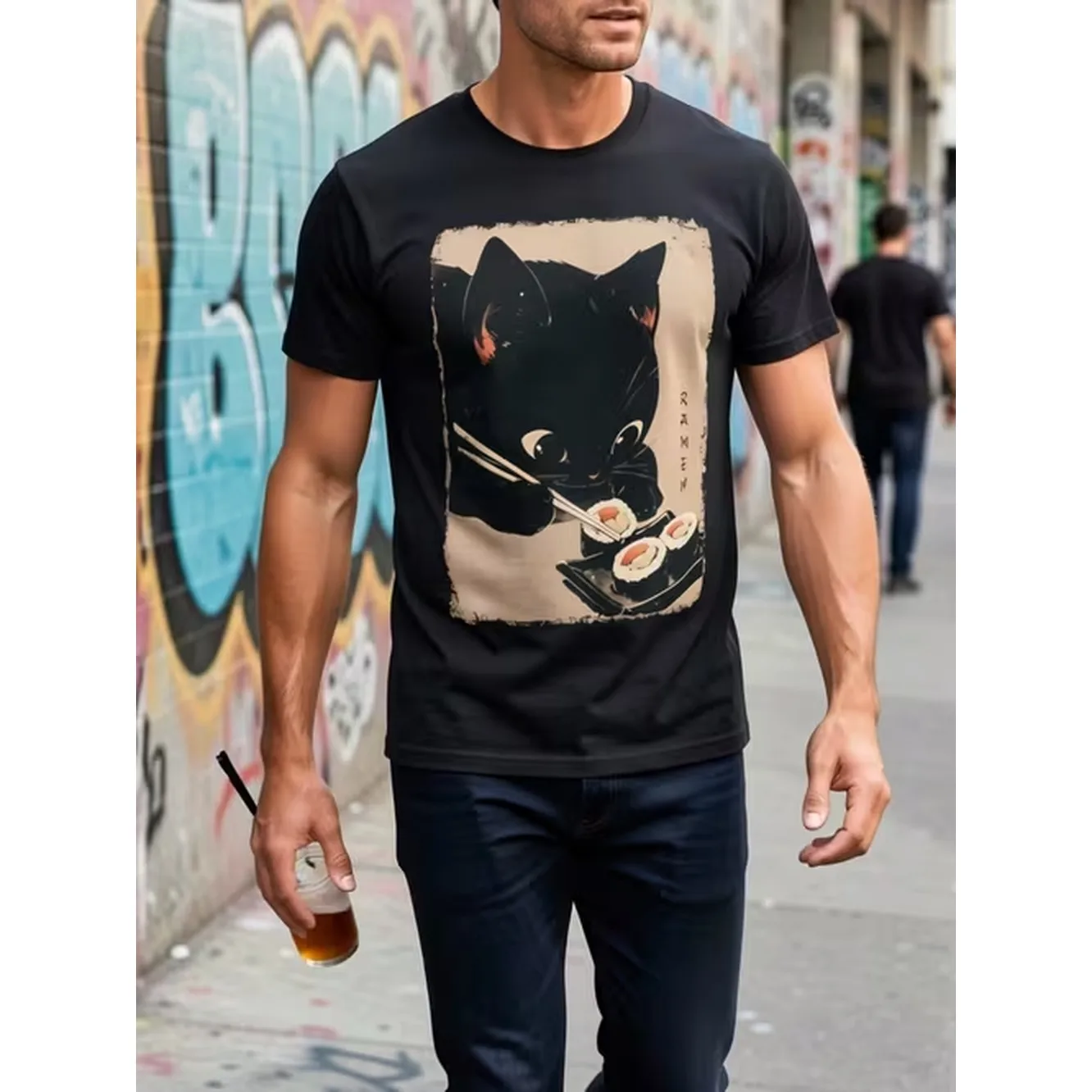 Camiseta de algodón 100% de manga corta con cuello redondo y estampado de gato japonés kawaii comiendo sushi, con palillos tipo mochi, diseño de gatito lindo, para uso casual, ajuste regular.