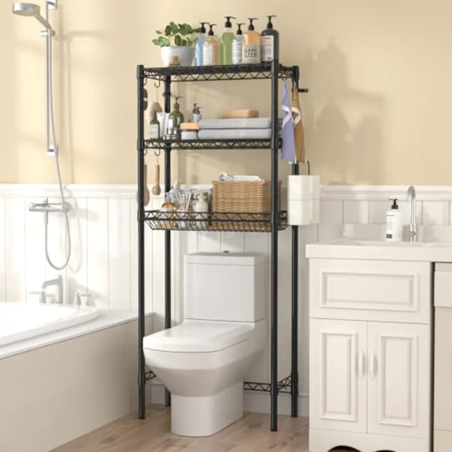 رف تخزين فوق المرحاض مع تصميم قابل للتعديل لتنظيم الحمام والمطبخ يتميز بحامل ورق المرحاض المدمج