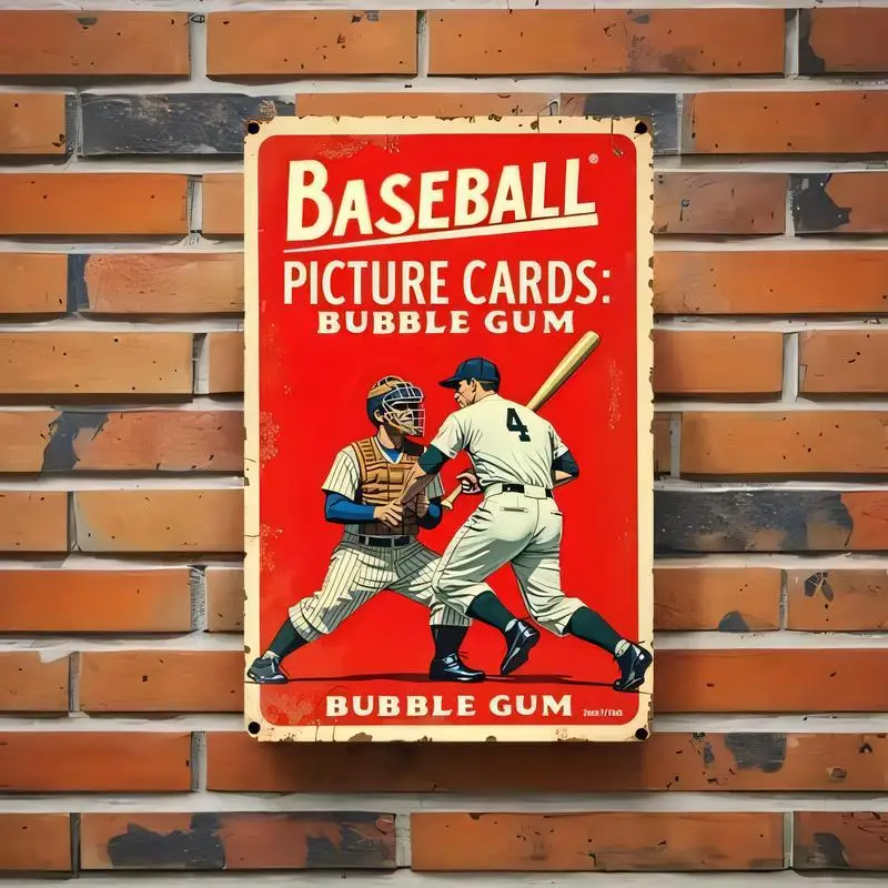 Vintage Baseball Bubble Gum Cards Metal Tin Sign - Retro Red Wall Art with Players, Iron Material, Perfect for Man Cave/Bar/Cafe