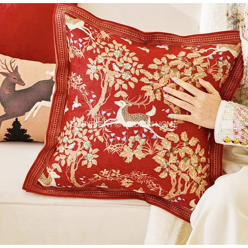 Medicci Home Autumn Trees And Reindeer Decorative Cushion Cover Upscale Pillowcase Retro Christmas Holiday Atmosphere Home Decor