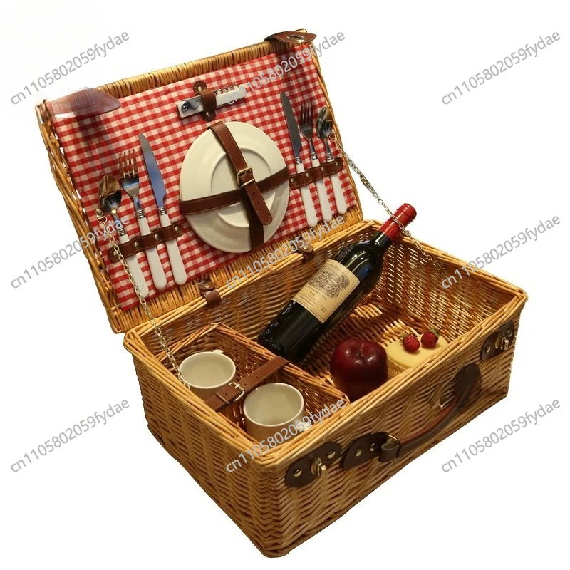 

Woven picnic basket rattan with tableware storage basket with lid thermal insulation outdoor camping storage box portable