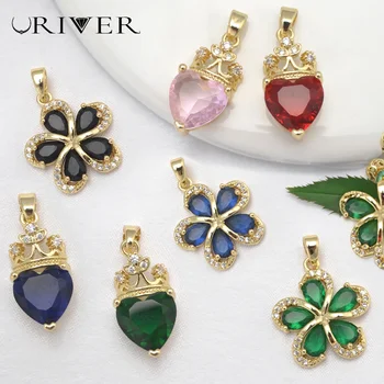 LJRIVER 여성용 지르콘 참, 크라운 하트 플라워 참 펜던트, DIY 주얼리 제작, 황동 액세서리, 수제 재료, 2 개
