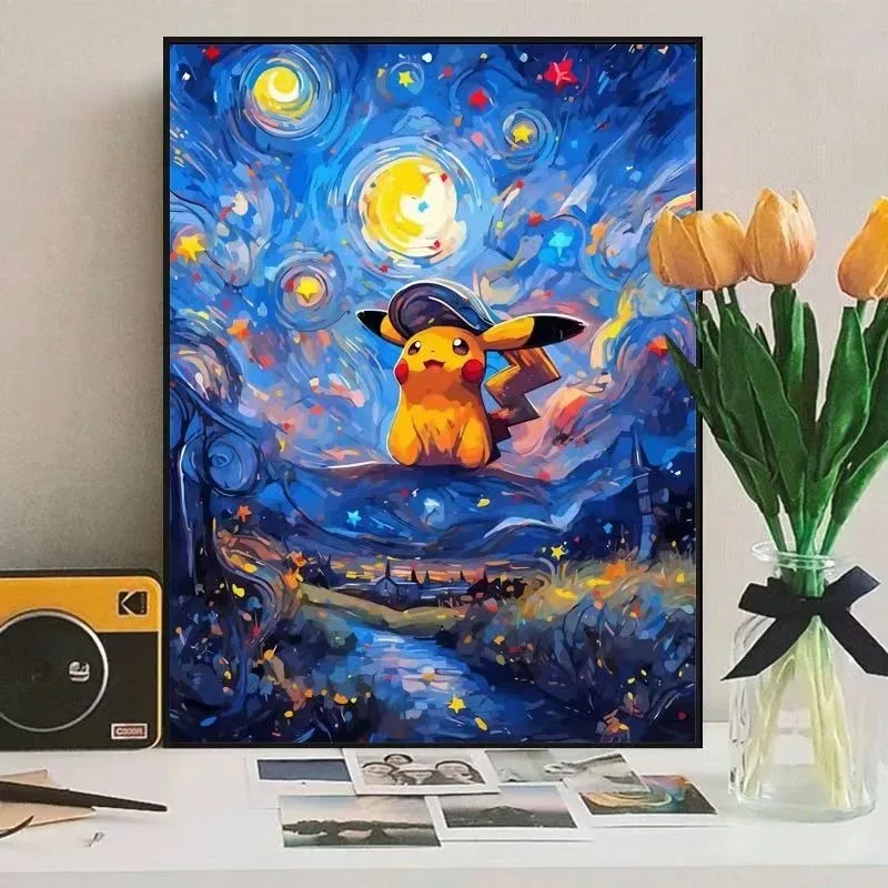 Van Gogh Starry Sky Pokemon Anime Figures Pikachu Watercolor Painting Canvas Posters and Prints Wall Art Picture for Living Room