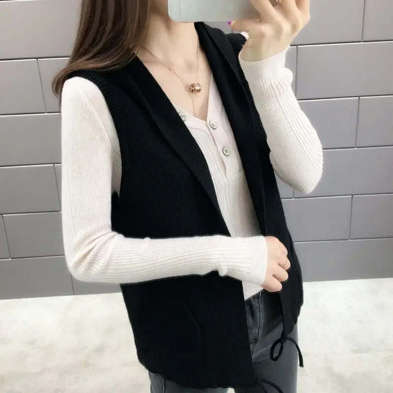 Clothes for Women Autumn Simple Casual Drawstring Hooded Knitted Sweater Vest Solid Loose Sleeveless Pockets Cardigan Waistcoat