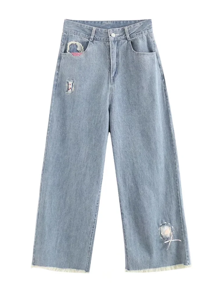 

Women Jeans 2024 Summer Ripped Straight Loose Trouser Light Blue Chic Casual Denim Pants