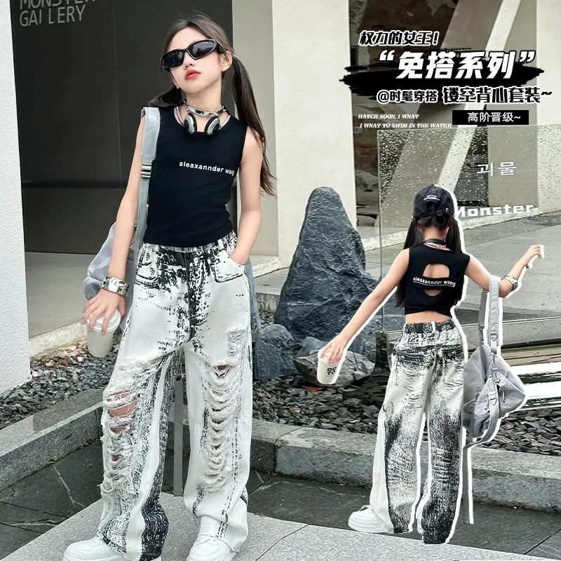 Teenager Girls Hole Tie Dyed Jeans Large Fille Youngsters Big Ripped Wide Leg Pants Junior Kids Trousers Cotton Sleeveless Tops